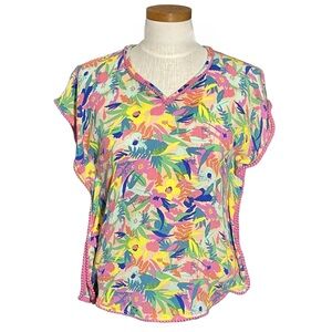 Cat & Jack Girls Tropical Floral Swimsuit Coverup with Pink Pom Pom Trim Sz6/7